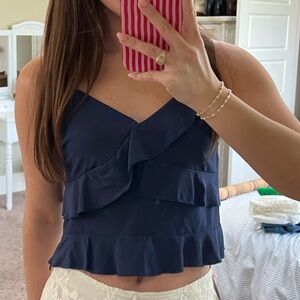 Navy Blue Ruffle V-Neck Women's Top